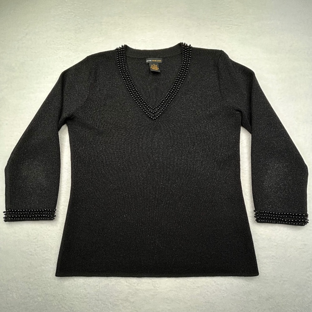 Grace Dane Lewis Women's Black V-Neck Beaded Pullover Sweater, size Small